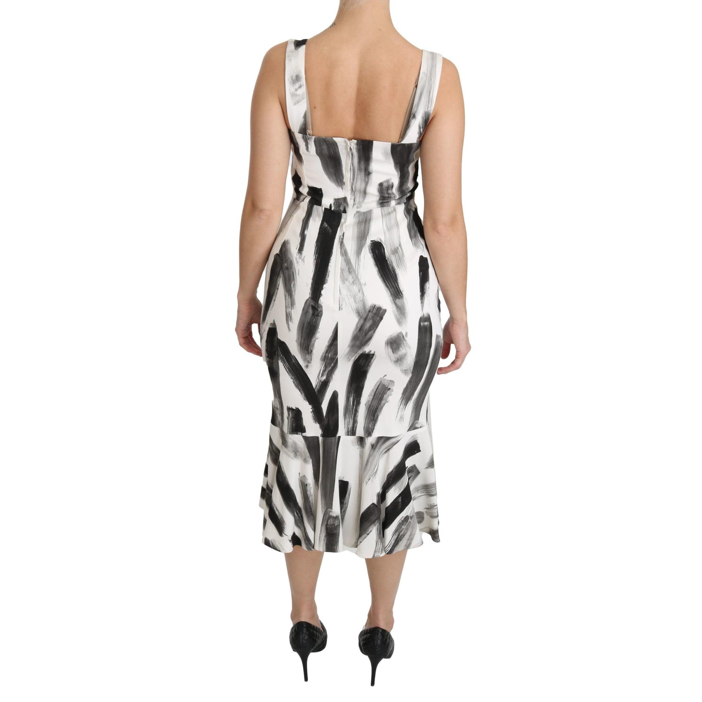 White Black Printed Sheath Midi Viscose Dress
