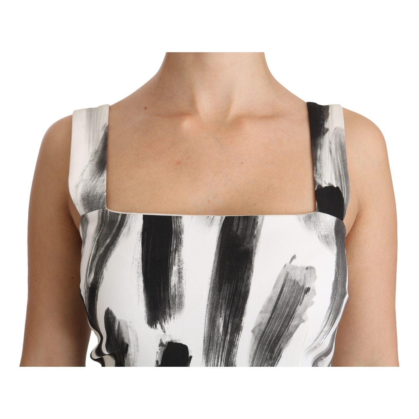 White Black Printed Sheath Midi Viscose Dress