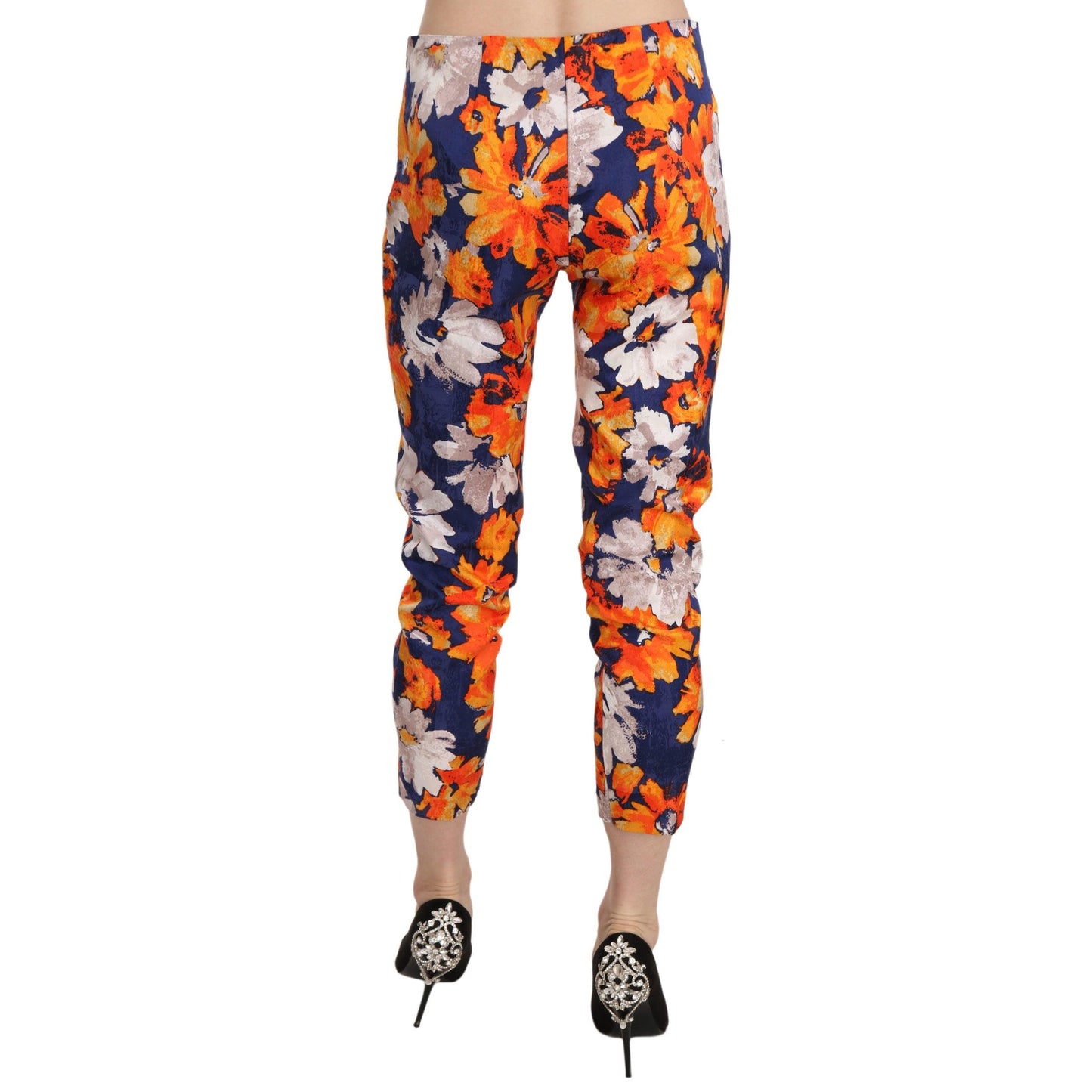Blue Floral Print Skinny Slim Fit Trousers Pants