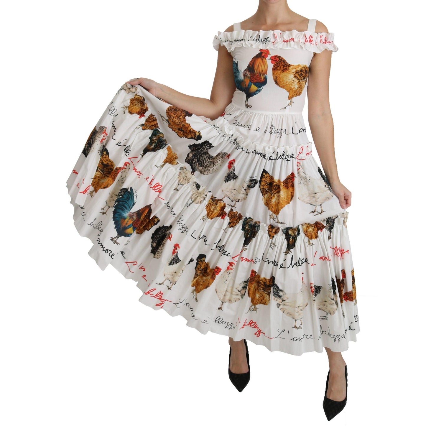 White Rooster Sheath Midi Cotton Dress