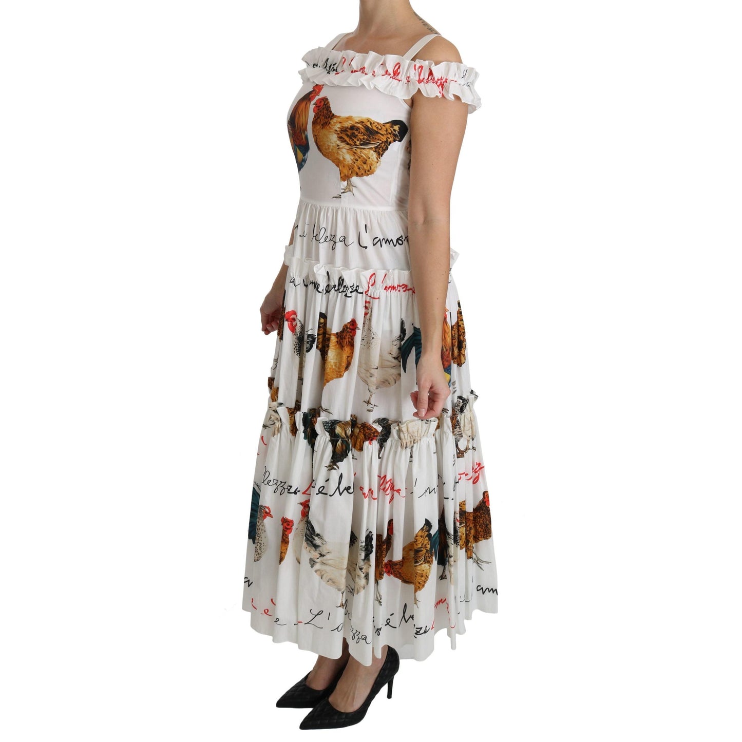 White Rooster Sheath Midi Cotton Dress
