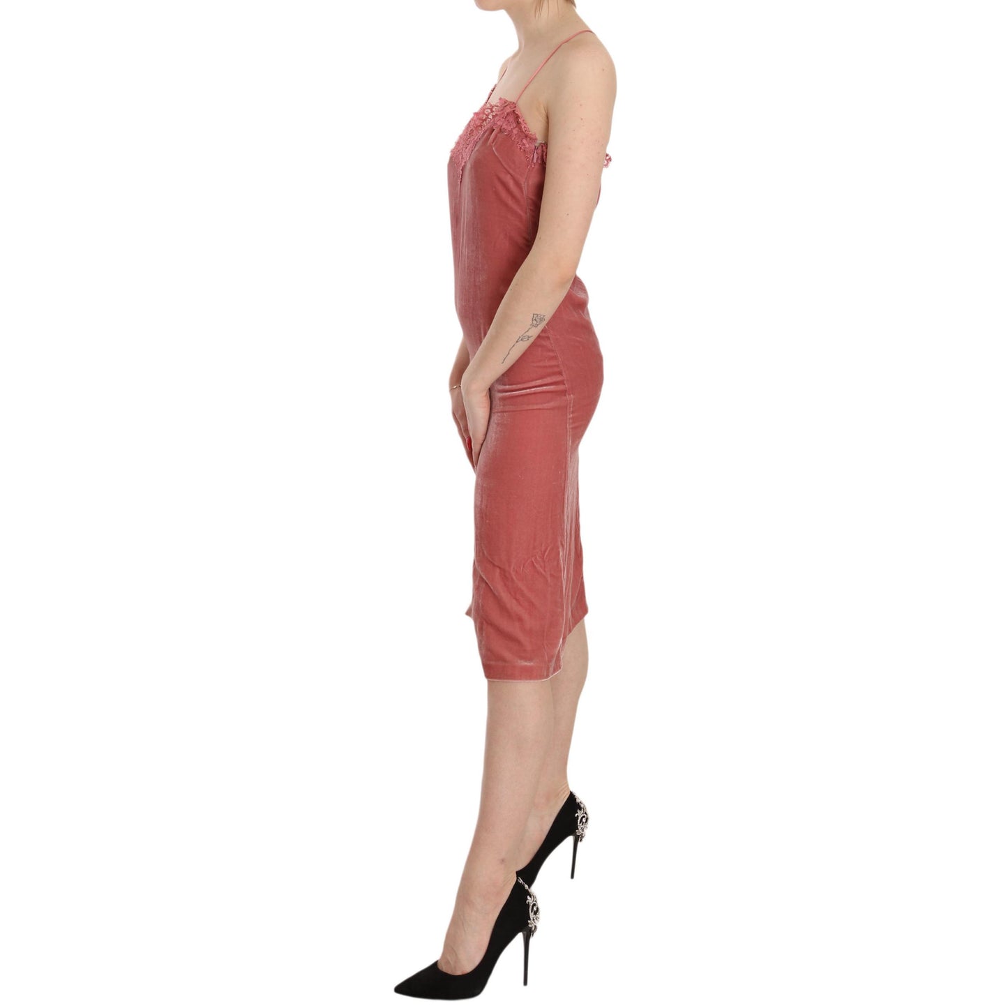 Pink Lace Spaghetti Strap Side Slit Shift Midi Dress