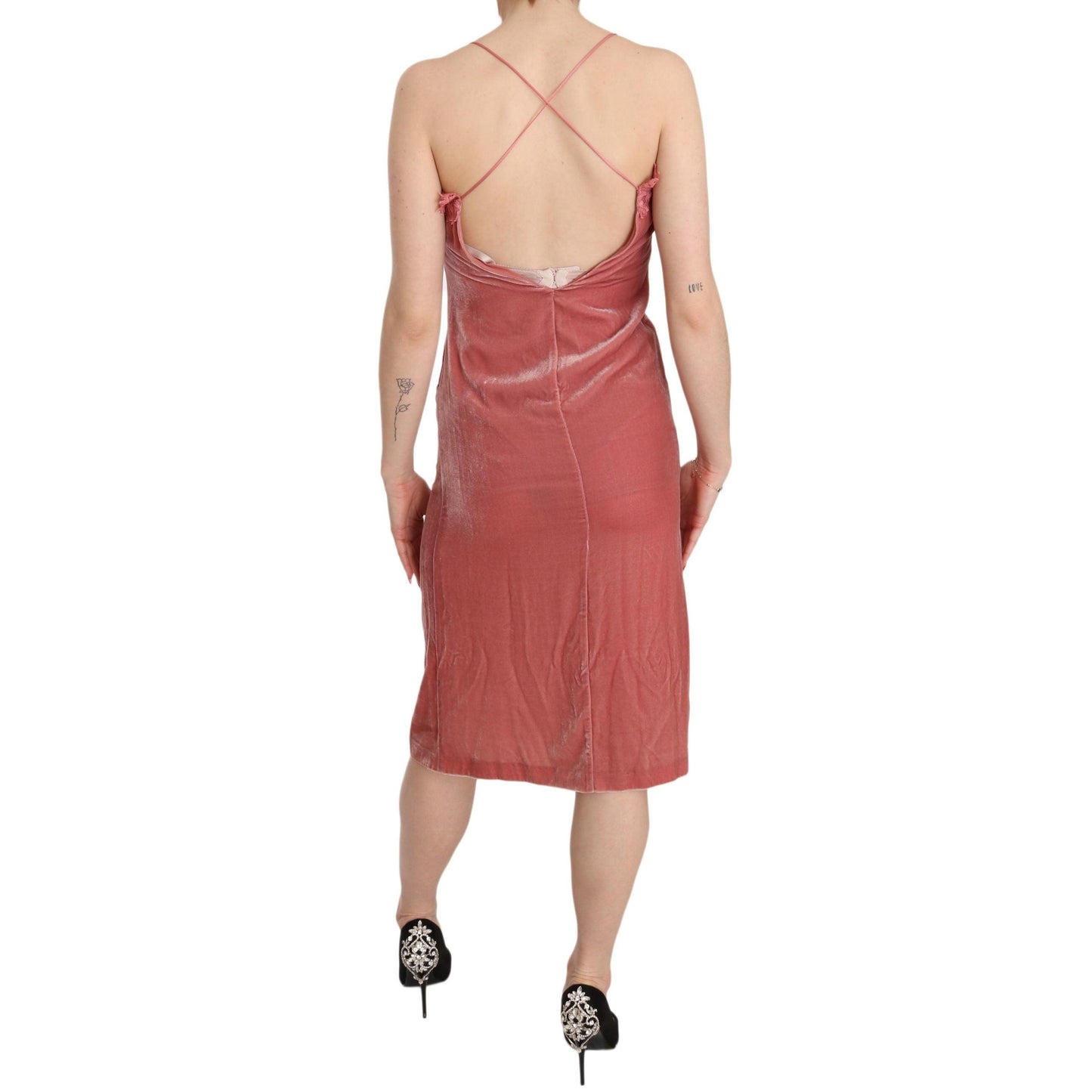Pink Lace Spaghetti Strap Side Slit Shift Midi Dress