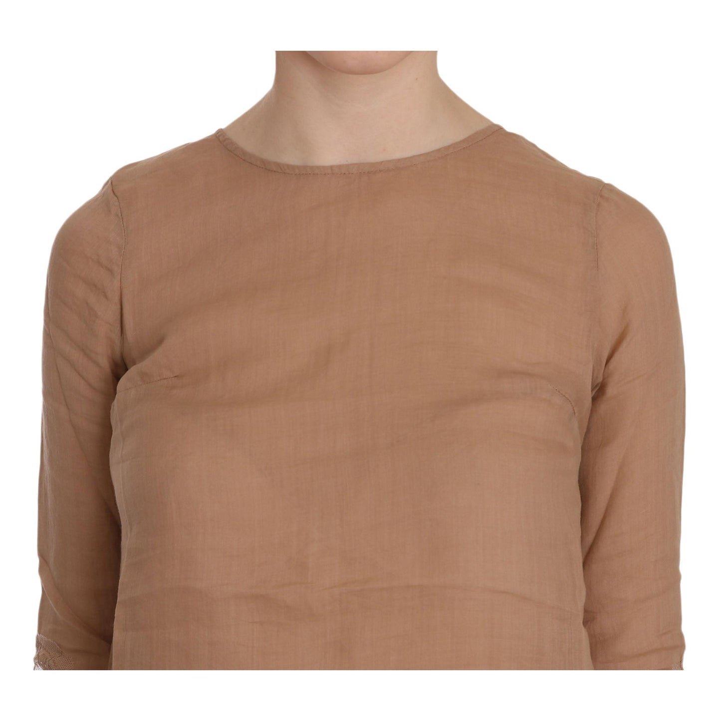 Brown 3/4 Sleeve Crewneck Shift Mini Dress