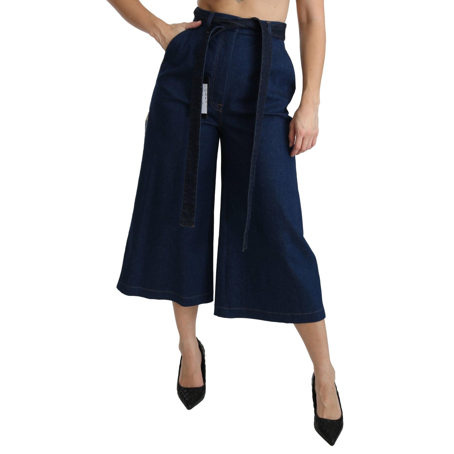 Blue Palazzo Cropped Denim Cotton Stretch Jeans