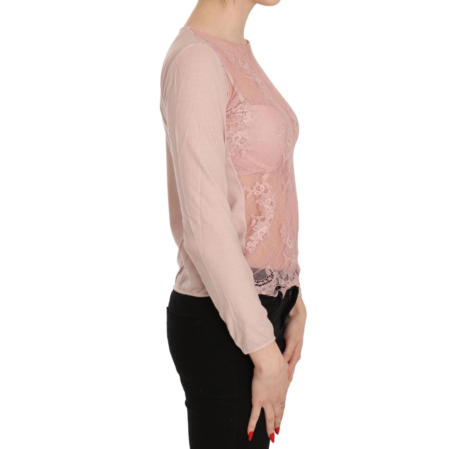 Pink Lace See Through Long Sleeve Top Blouse