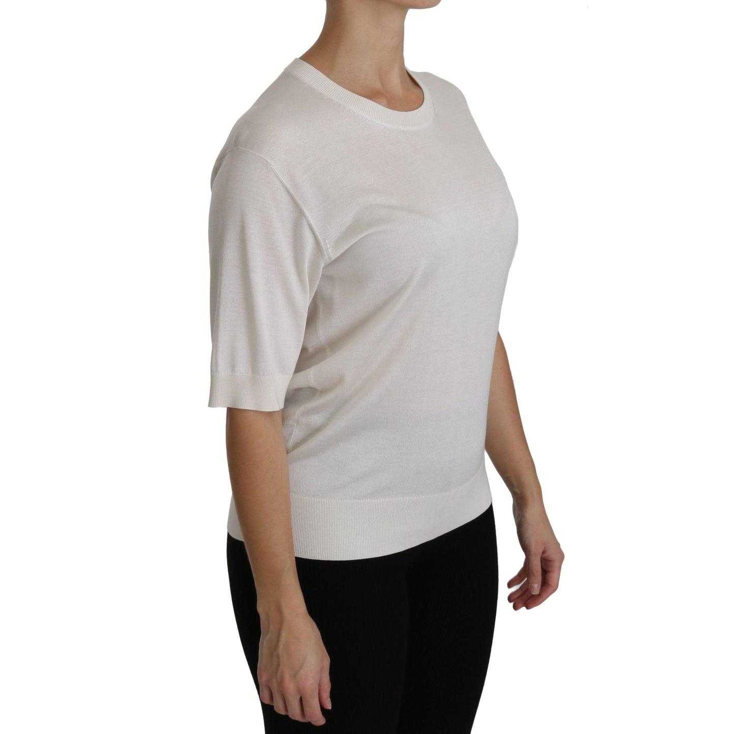 Silk White Crew Neck Short Sleeve Top Blouse