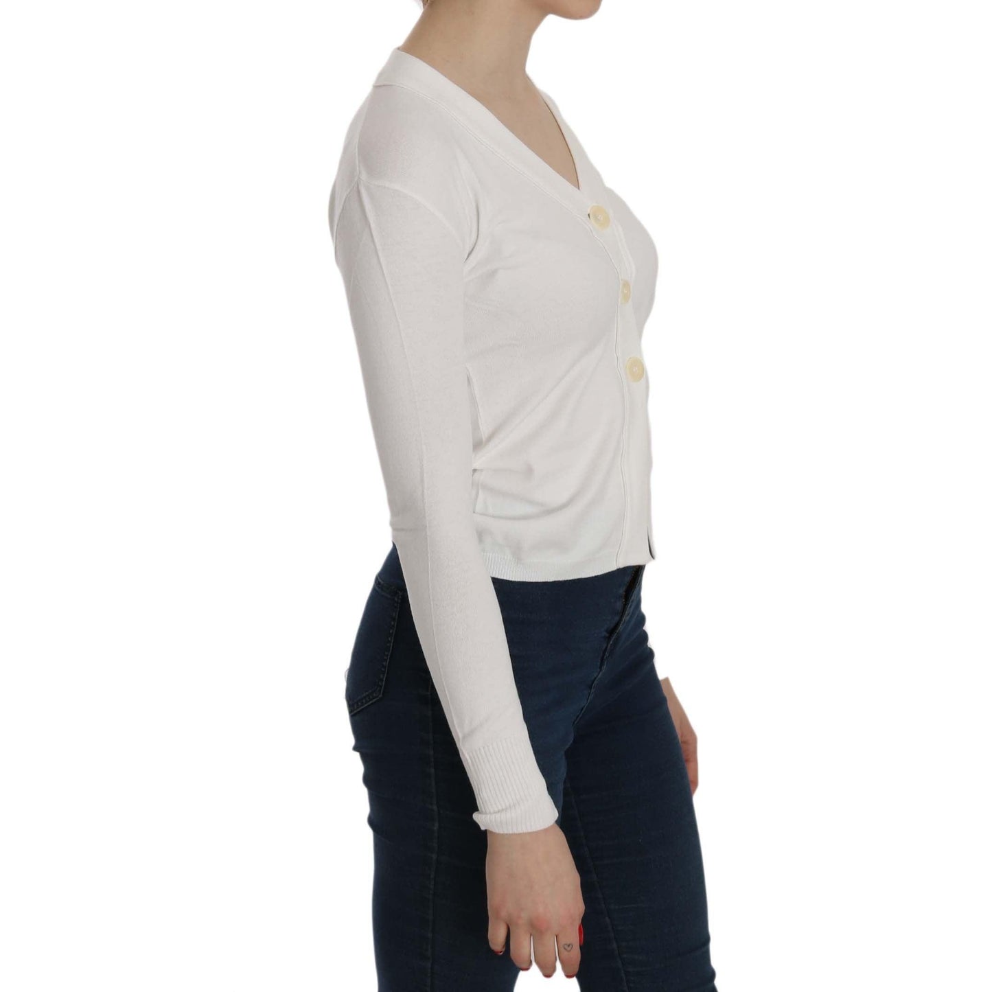 White V-neck Long Sleeve Cropped Cardigan Tops Sweater