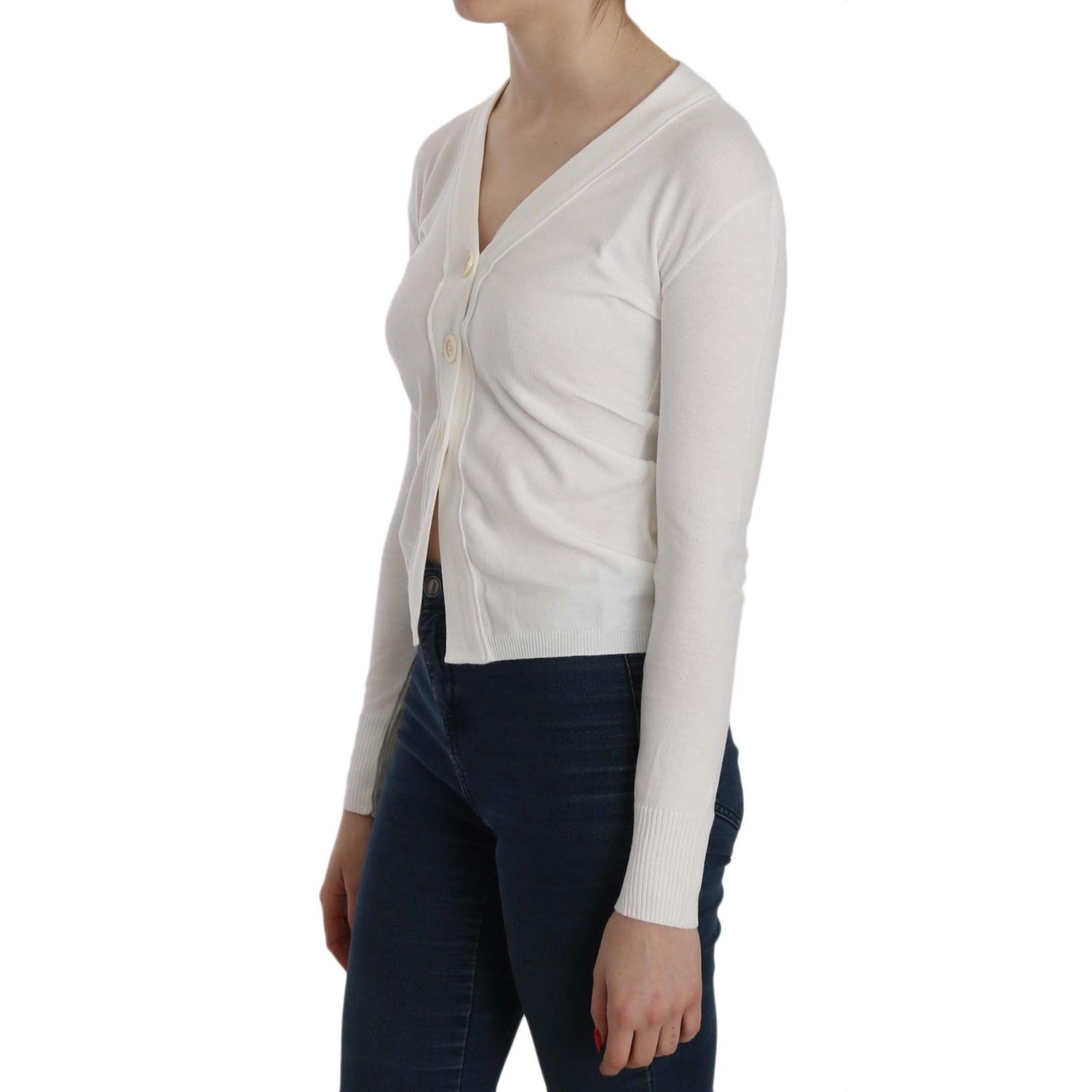 White V-neck Long Sleeve Cropped Cardigan Tops Sweater