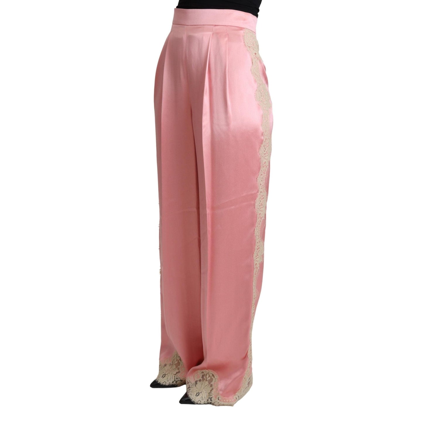Pink Lace Trimmed Silk Satin Wide Legs Pants