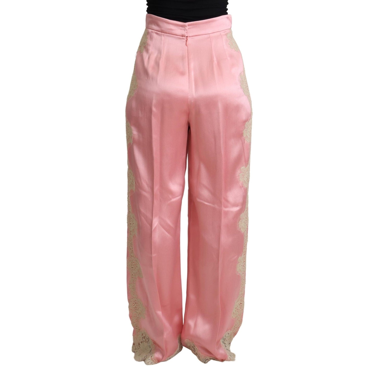 Pink Lace Trimmed Silk Satin Wide Legs Pants