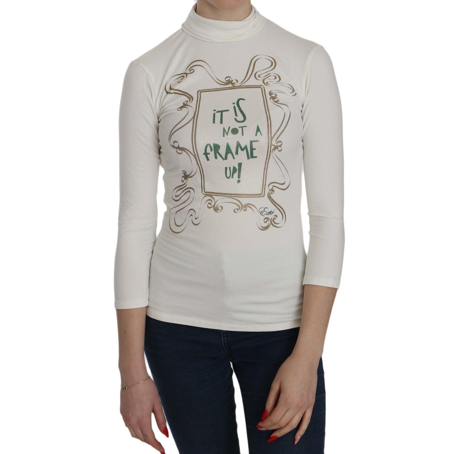 White Printed Turtle Neck 3/4 Sleeve Top Cotton Blouse