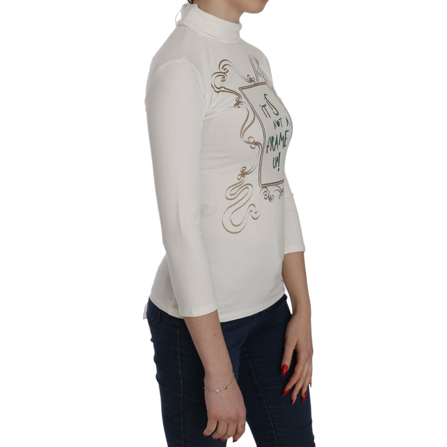 White Printed Turtle Neck 3/4 Sleeve Top Cotton Blouse