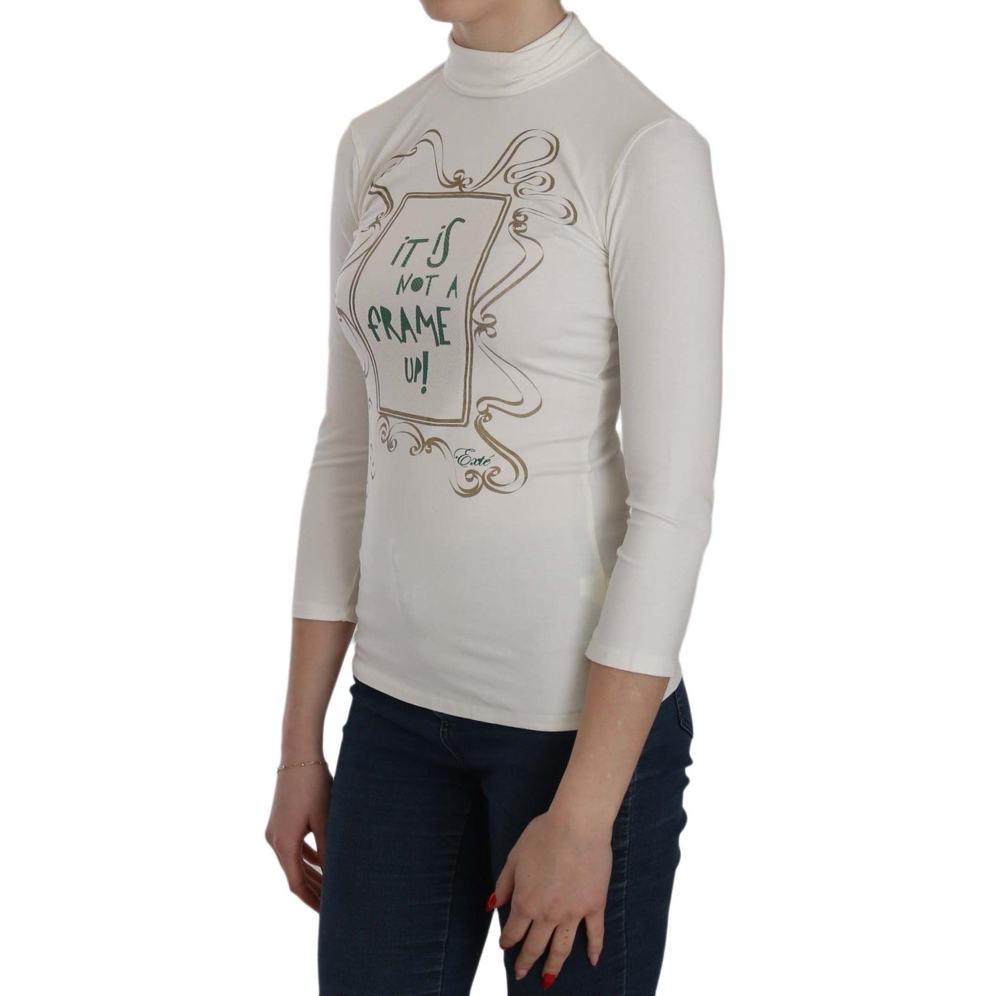 White Printed Turtle Neck 3/4 Sleeve Top Cotton Blouse