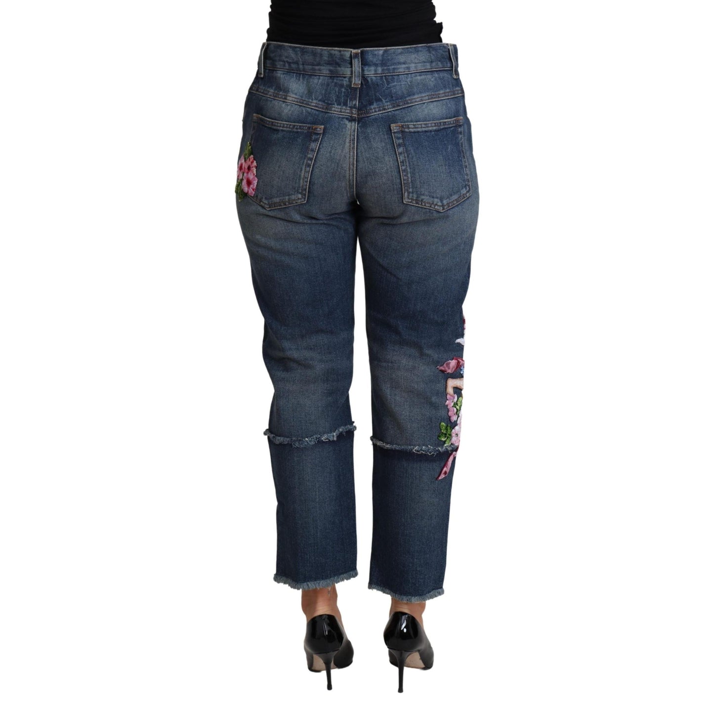 Blue Floral Embroidery Cropped Cotton Jeans