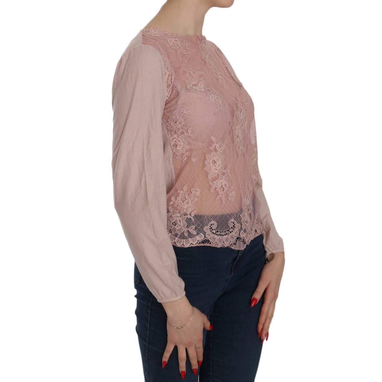 Pink Lace See Through Long Sleeve Blouse