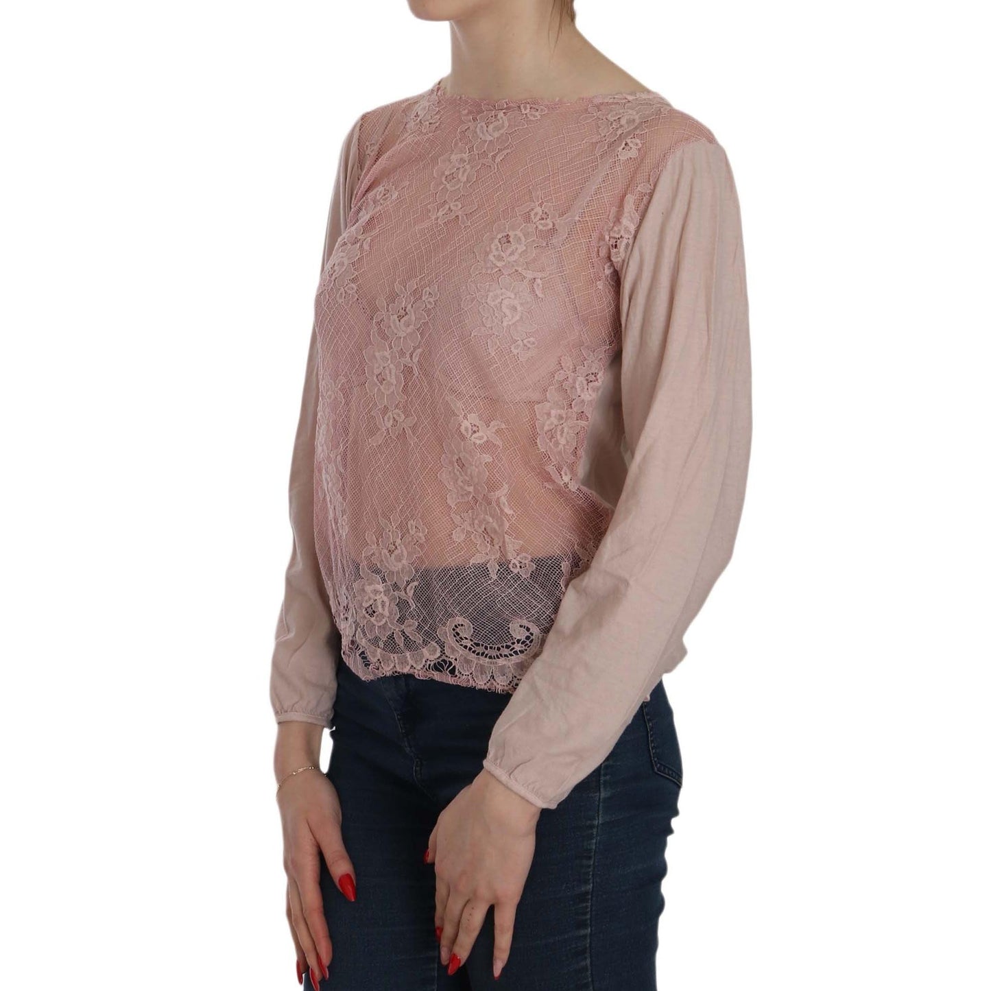 Pink Lace See Through Long Sleeve Blouse