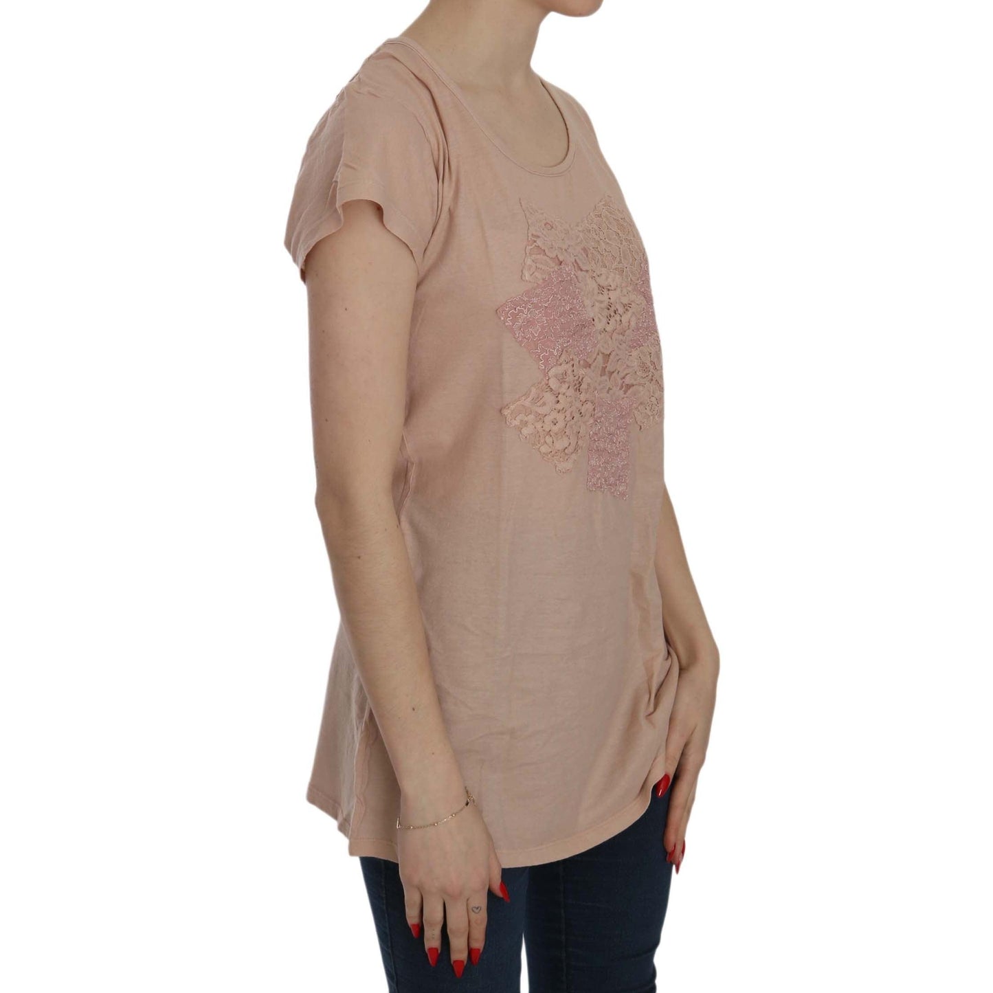 Pink Cream Lace Short Sleeve Shirt Top Cotton Blouse