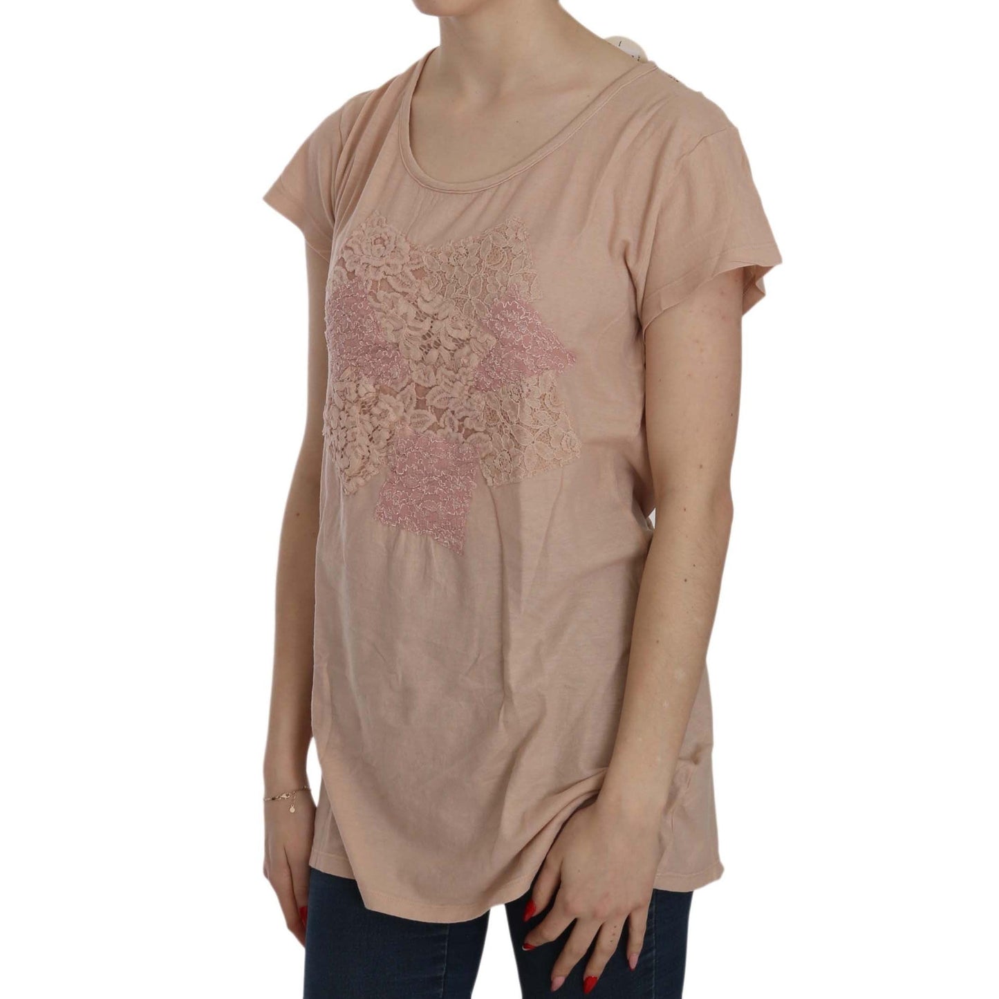Pink Cream Lace Short Sleeve Shirt Top Cotton Blouse