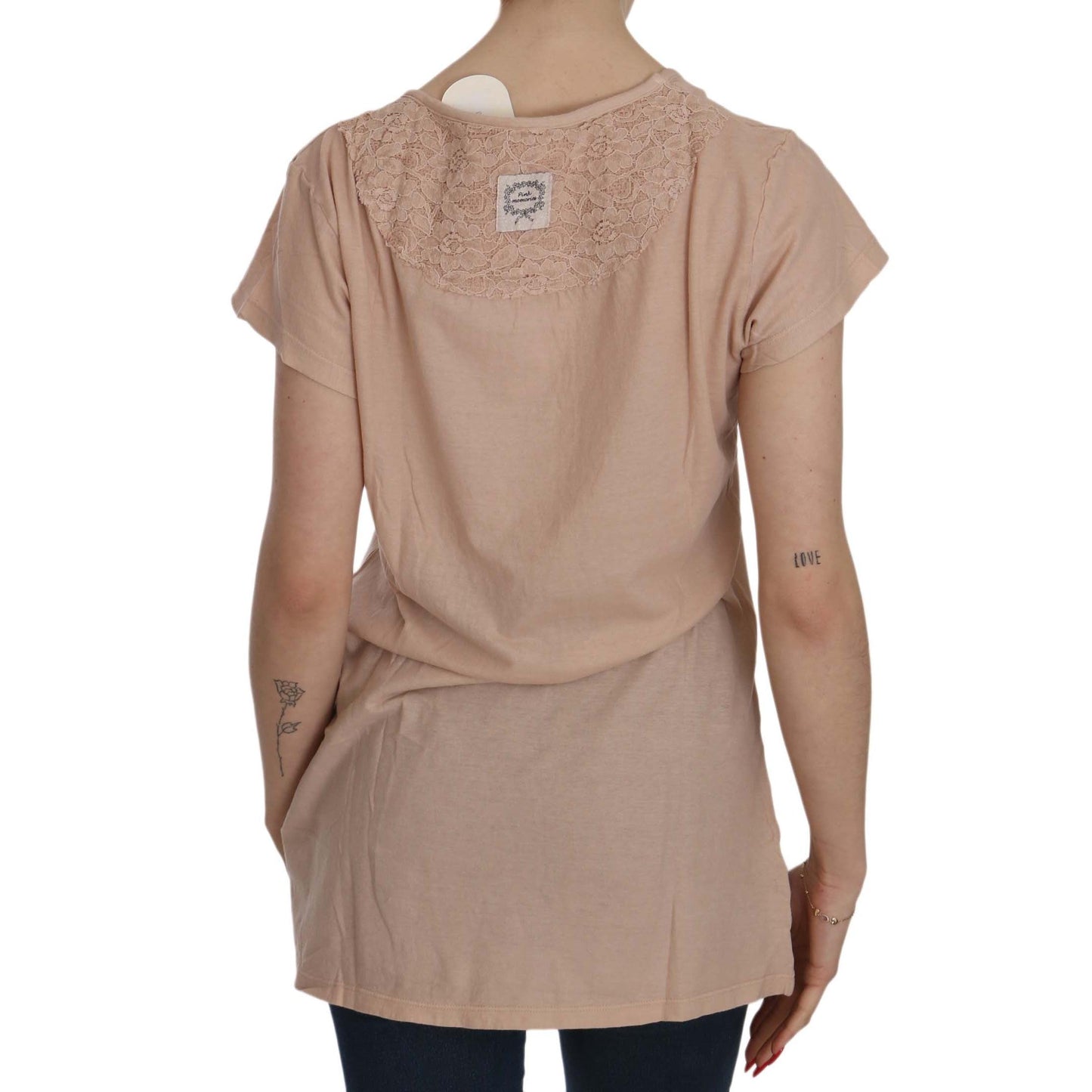 Pink Cream Lace Short Sleeve Shirt Top Cotton Blouse