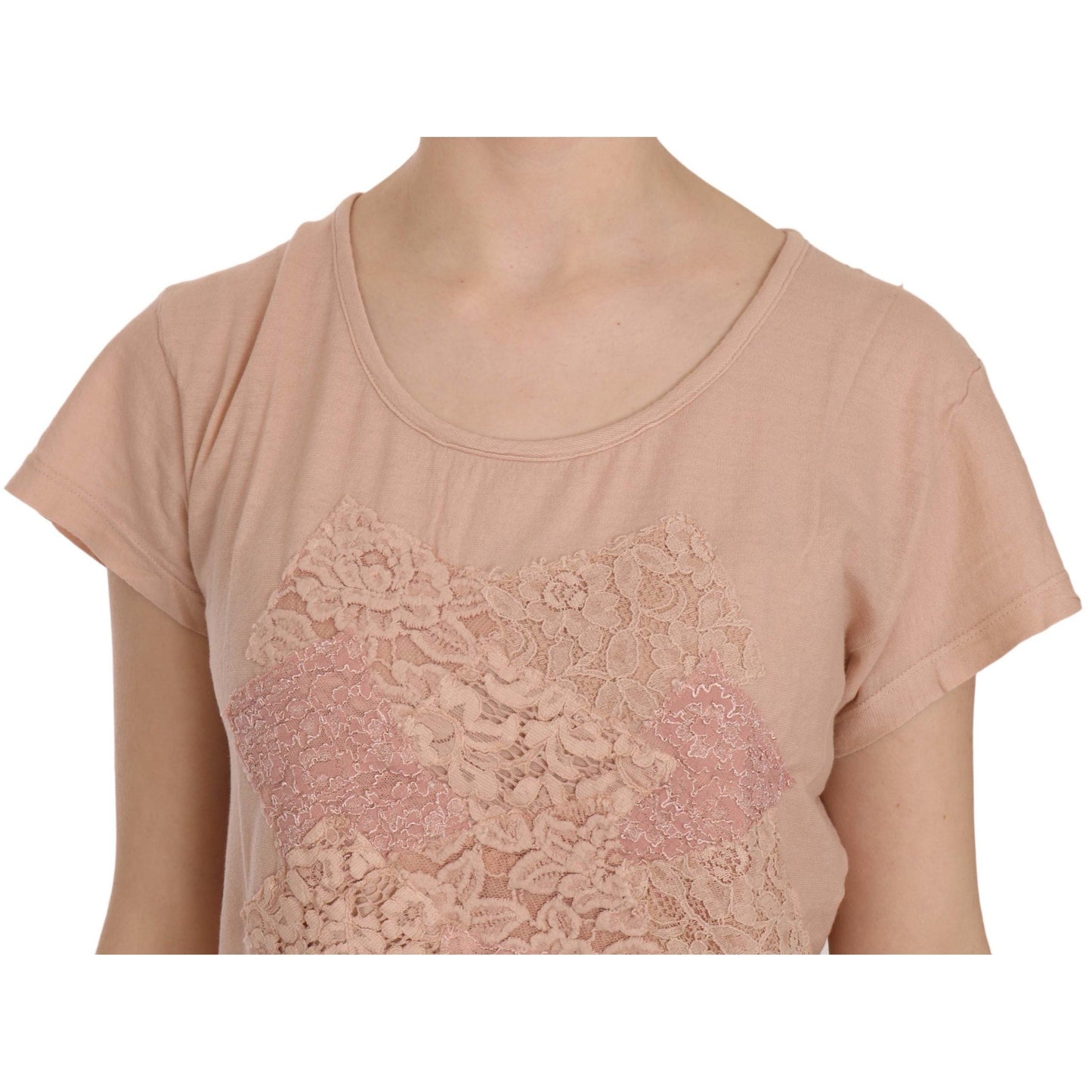 Pink Cream Lace Short Sleeve Shirt Top Cotton Blouse
