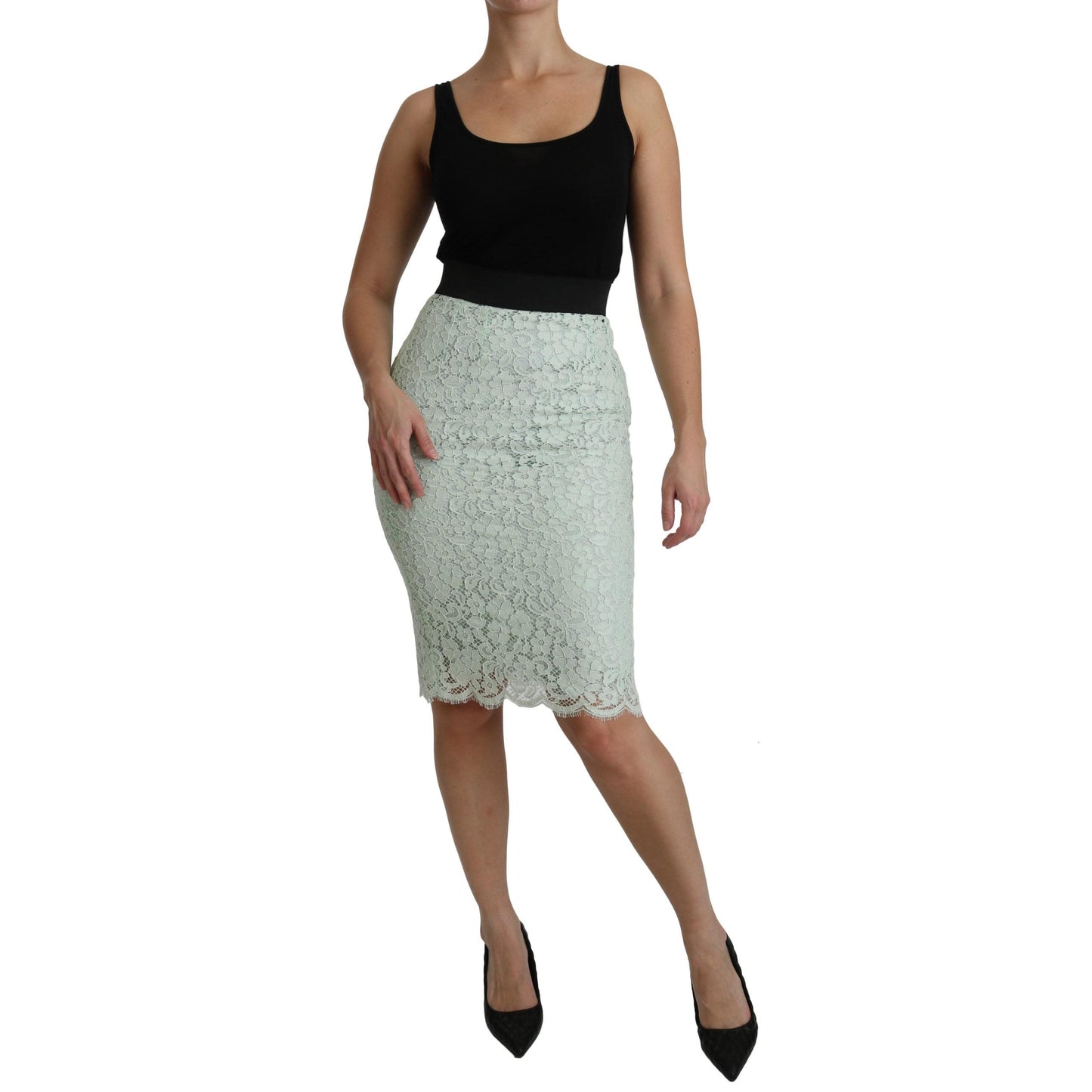 Green Lace Pencil High Waist Cotton Mint Skirt