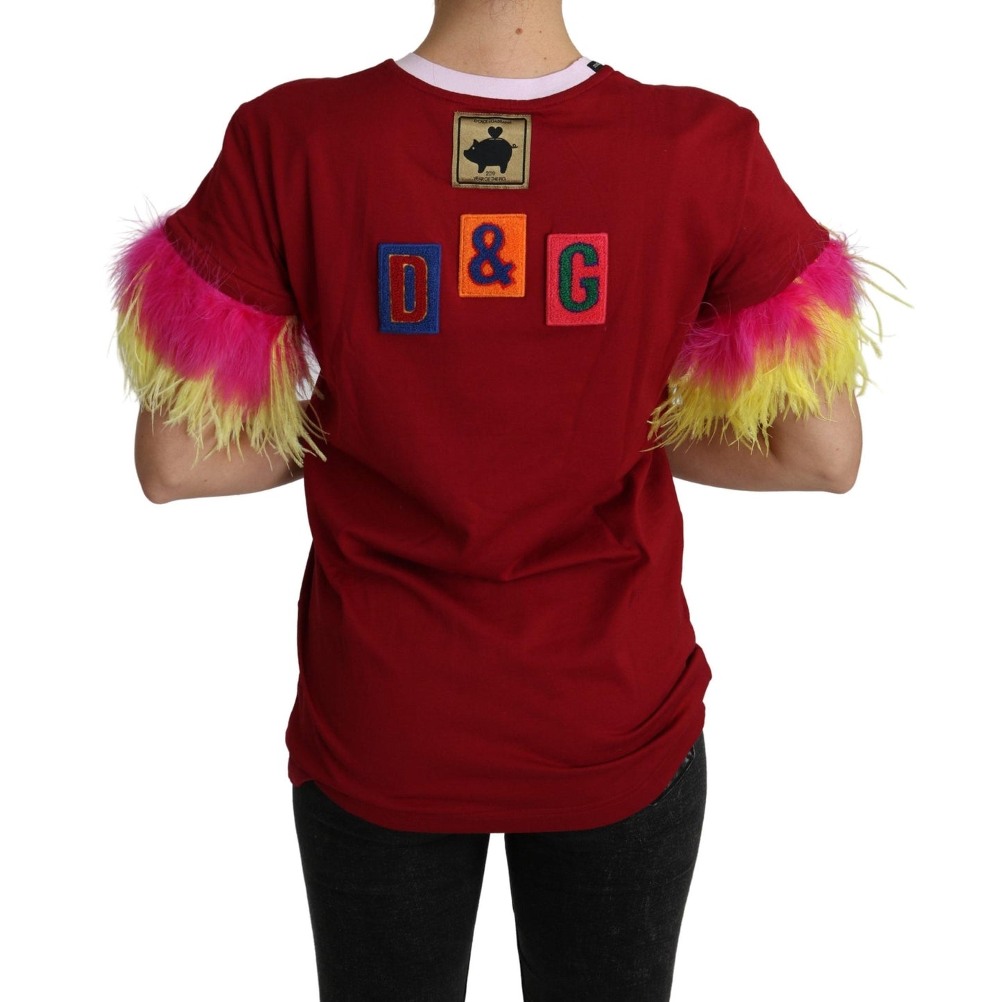 Red Pig Print Feather Sleeves T-shirt Top