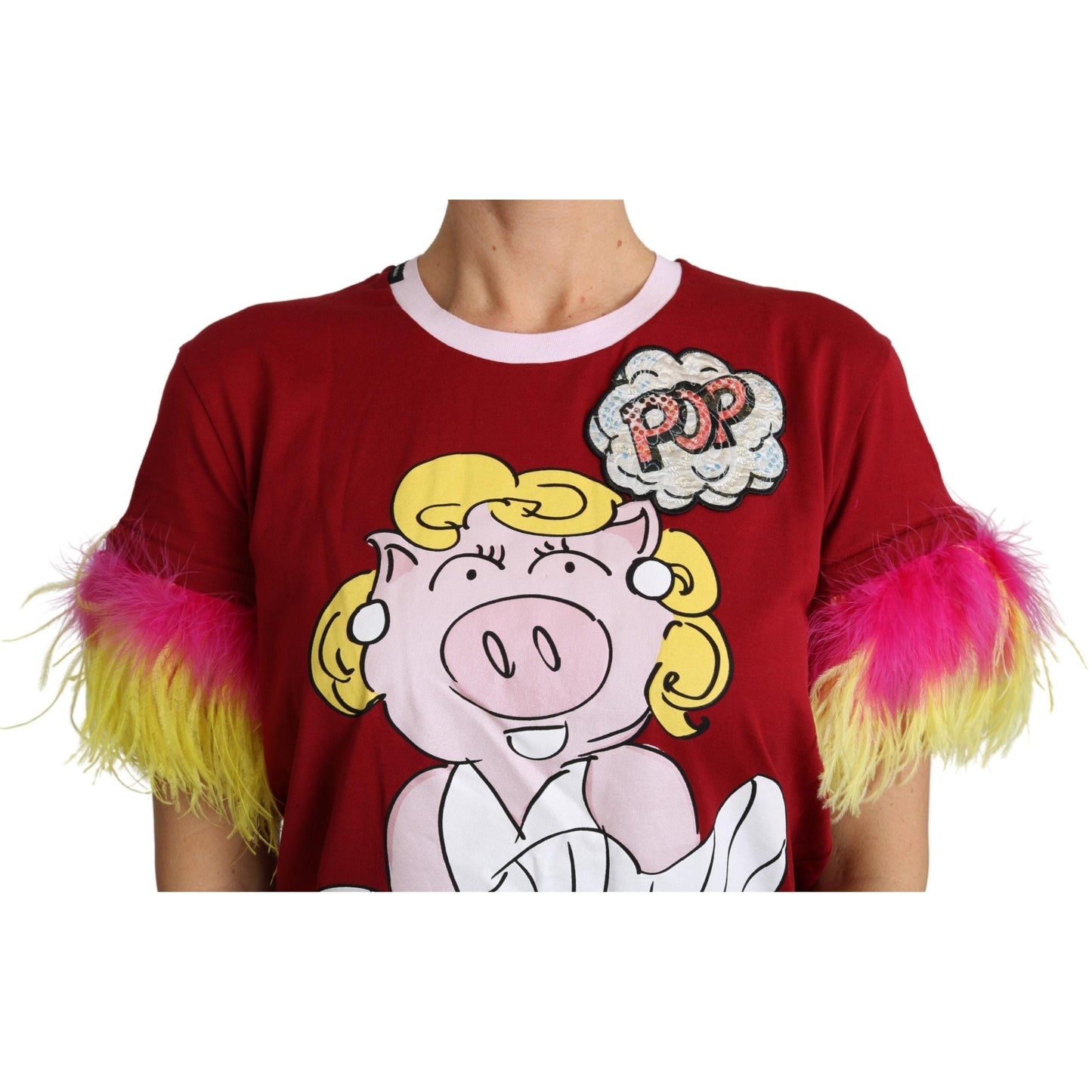 Red Pig Print Feather Sleeves T-shirt Top