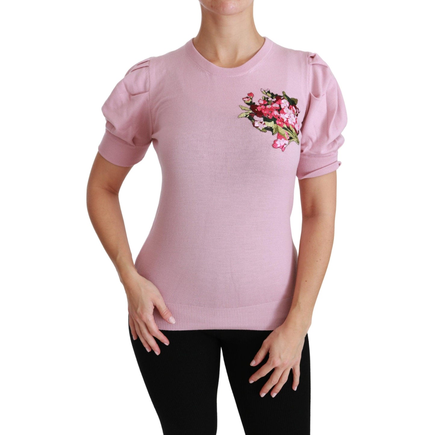 Pink Floral Embroidered Blouse Wool Top