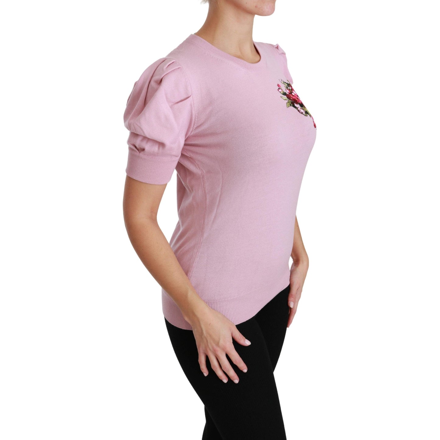 Pink Floral Embroidered Blouse Wool Top