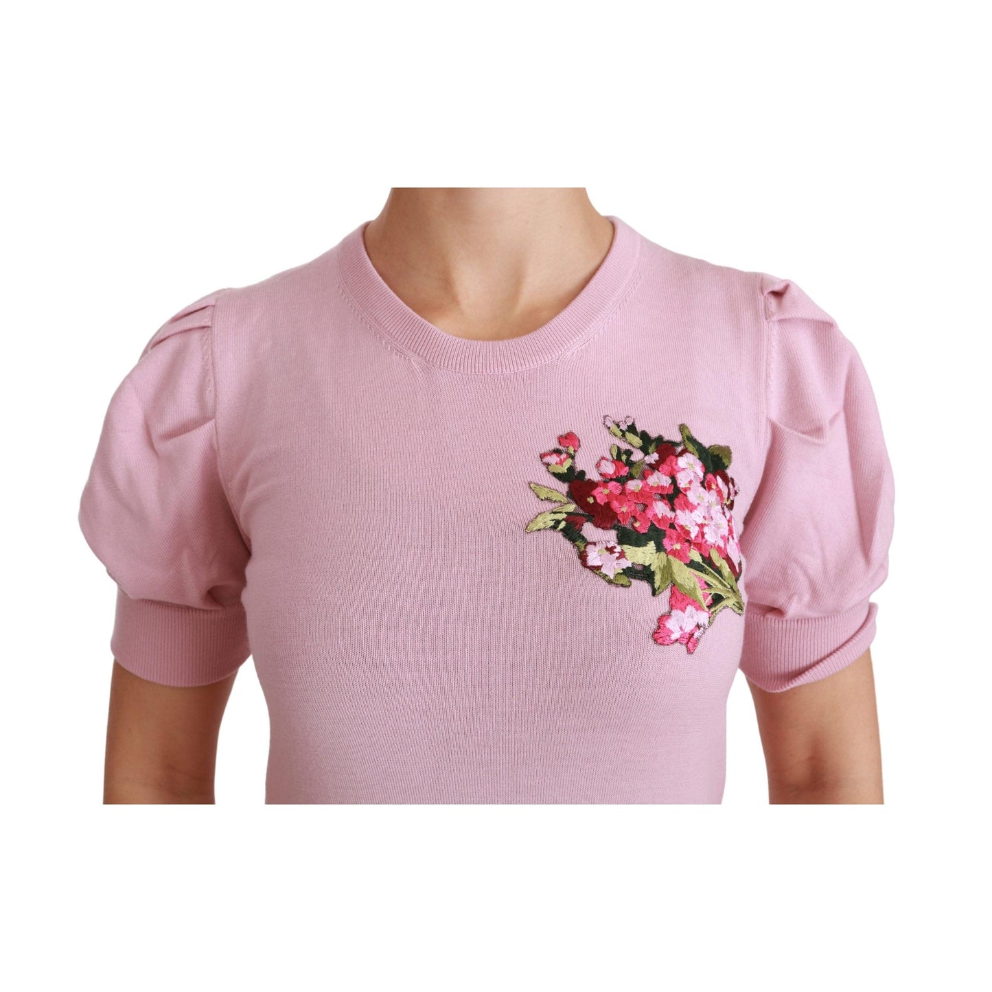 Pink Floral Embroidered Blouse Wool Top