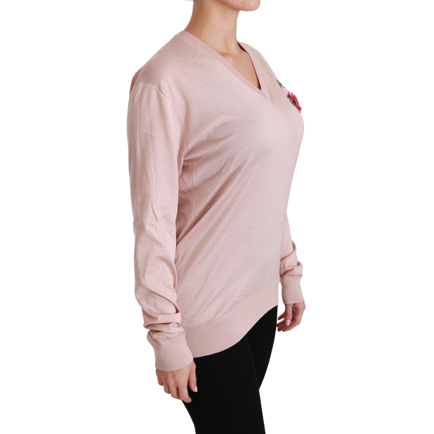 Pink Floral Embellished Pullover Silk Sweater