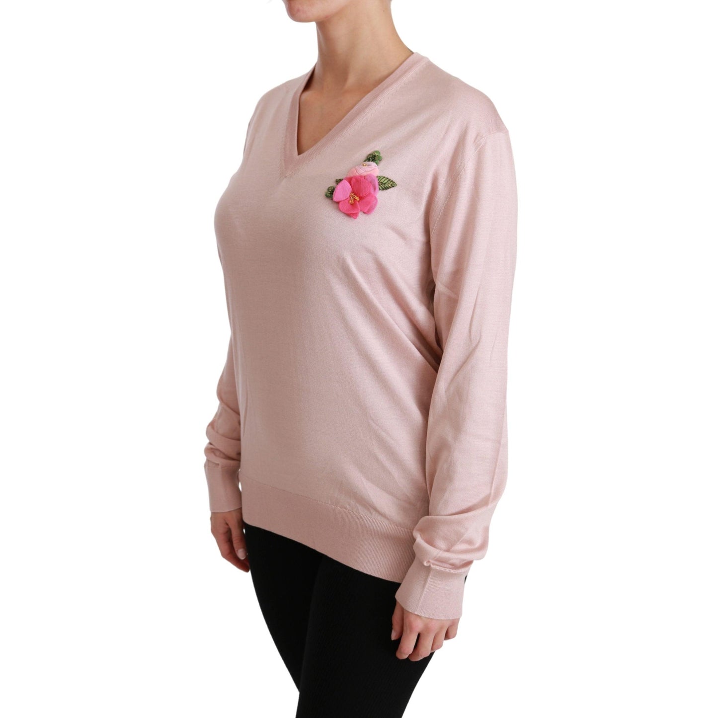Pink Floral Embellished Pullover Silk Sweater