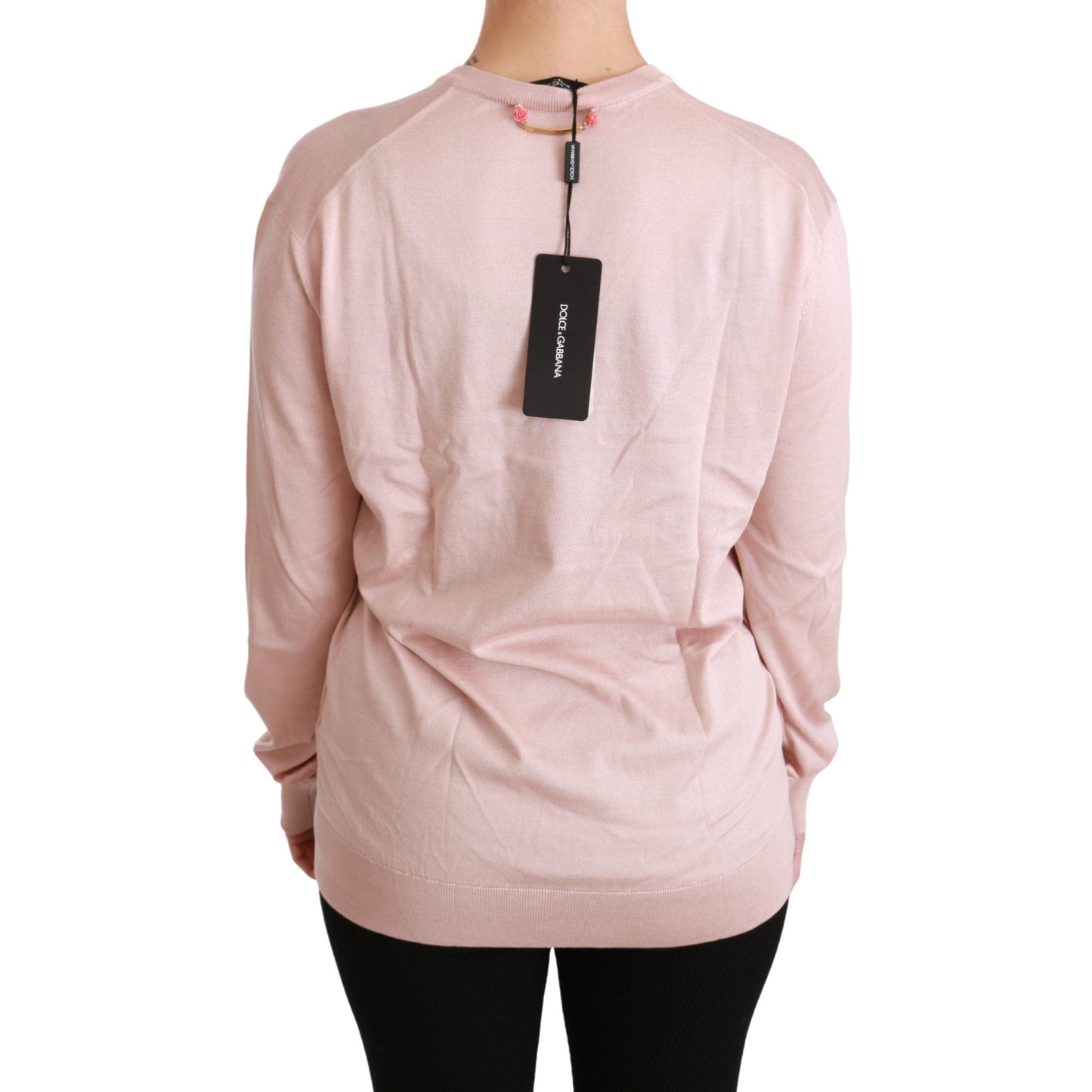 Pink Floral Embellished Pullover Silk Sweater