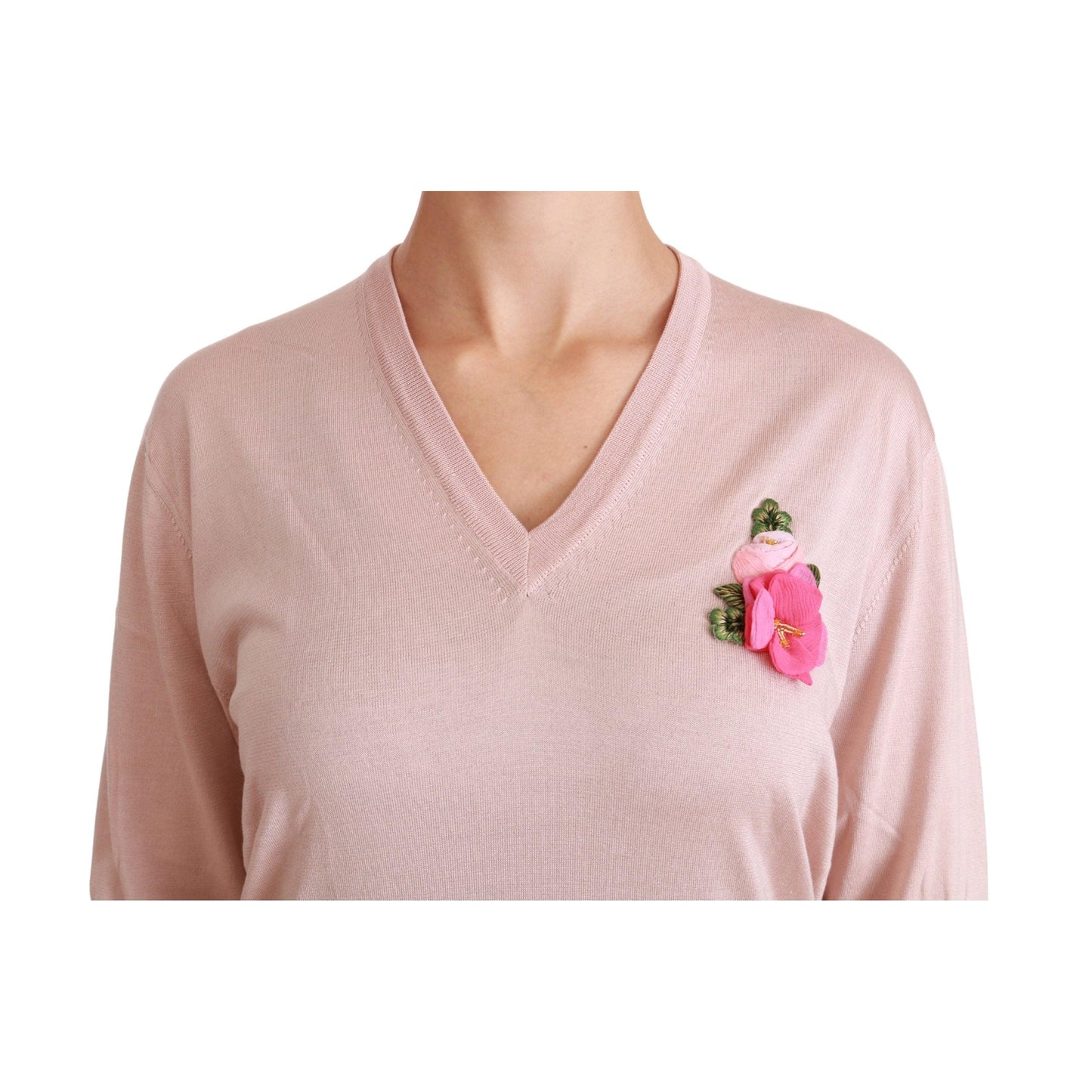 Pink Floral Embellished Pullover Silk Sweater