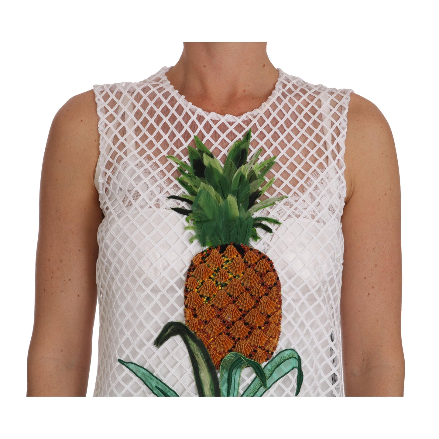 White Pineapple Sequined Applique Dress - coffeewithmee2