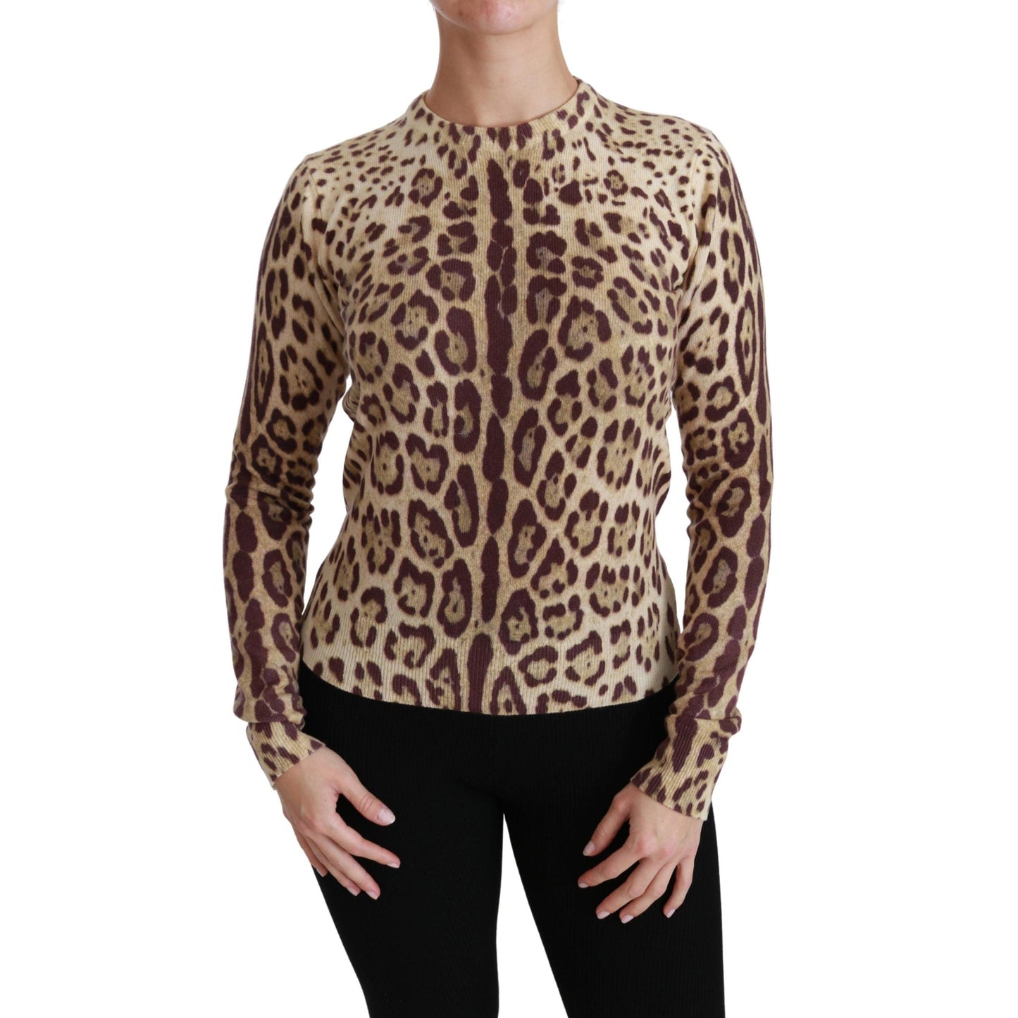 Brown Leopard Long Sleeve Sweater Cashmere Top