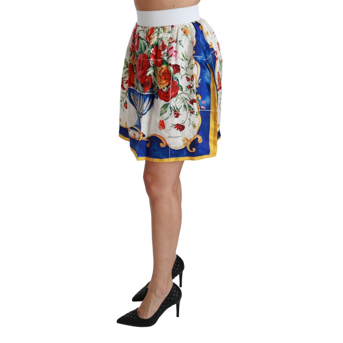 White Flower Vase High Waist Mini Skirt Silk