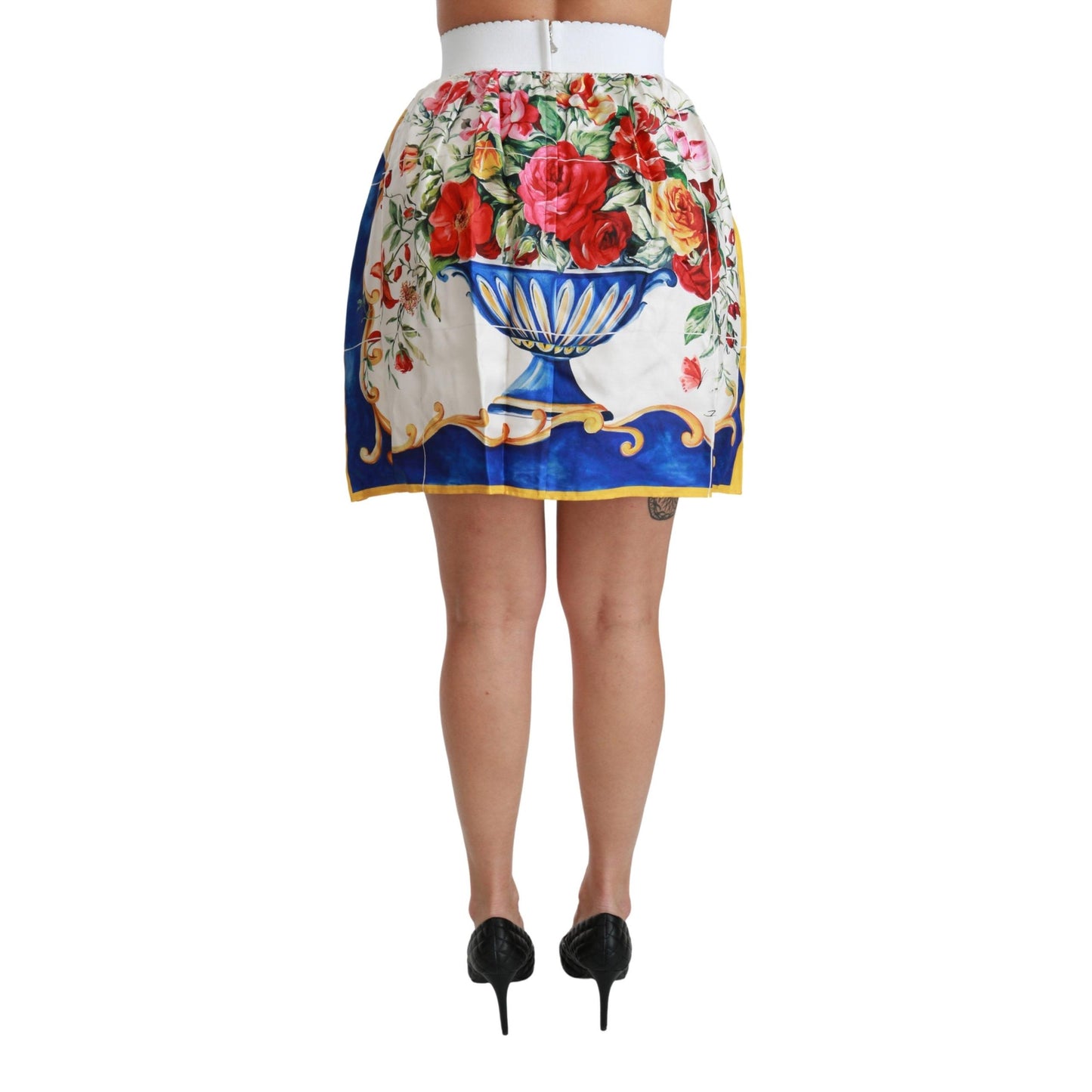 White Flower Vase High Waist Mini Skirt Silk