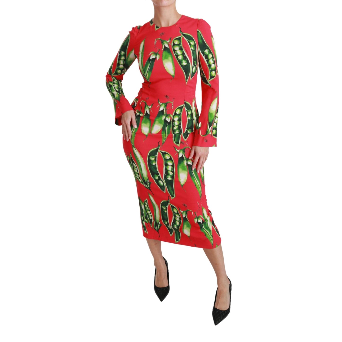Red Snap Pea Print Longsleeve Midi Dress