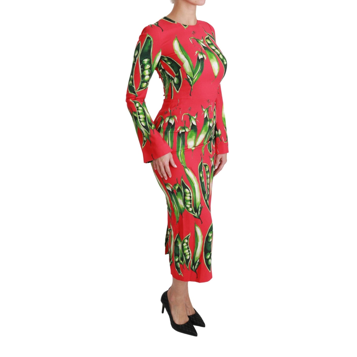 Red Snap Pea Print Longsleeve Midi Dress