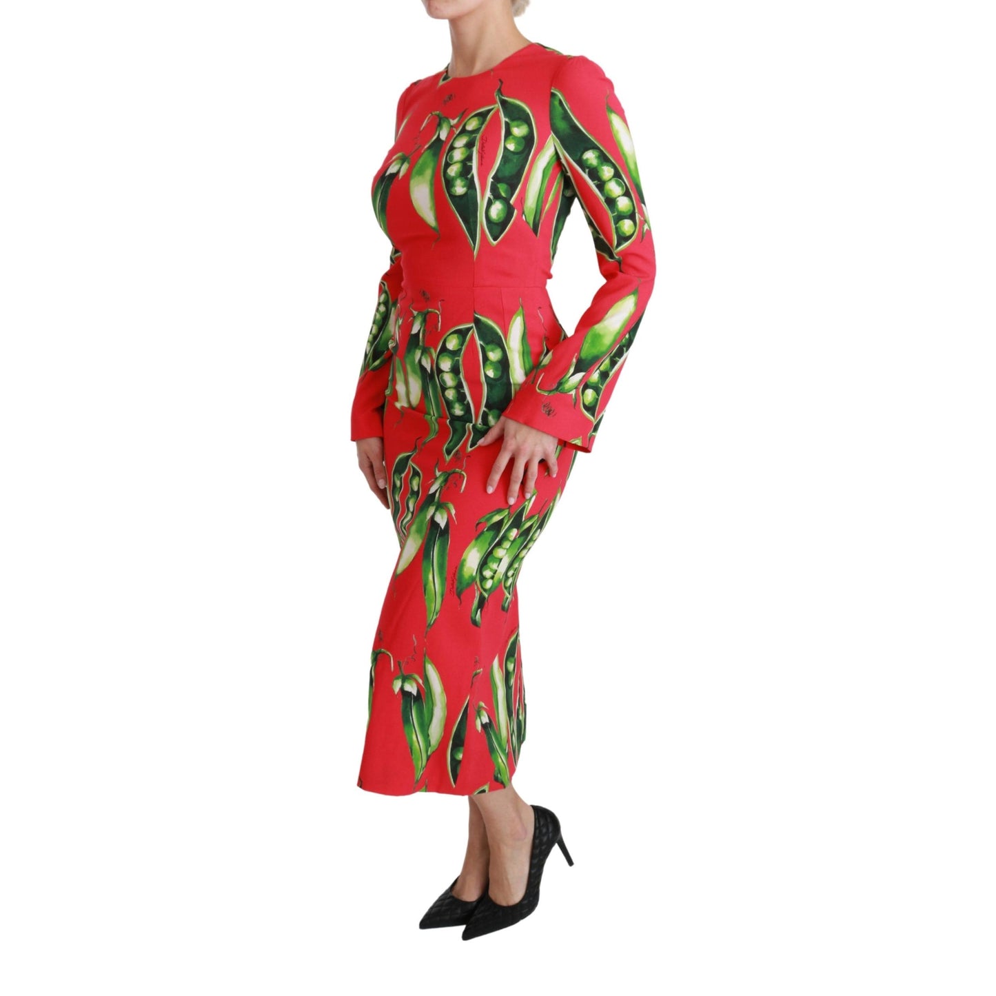 Red Snap Pea Print Longsleeve Midi Dress