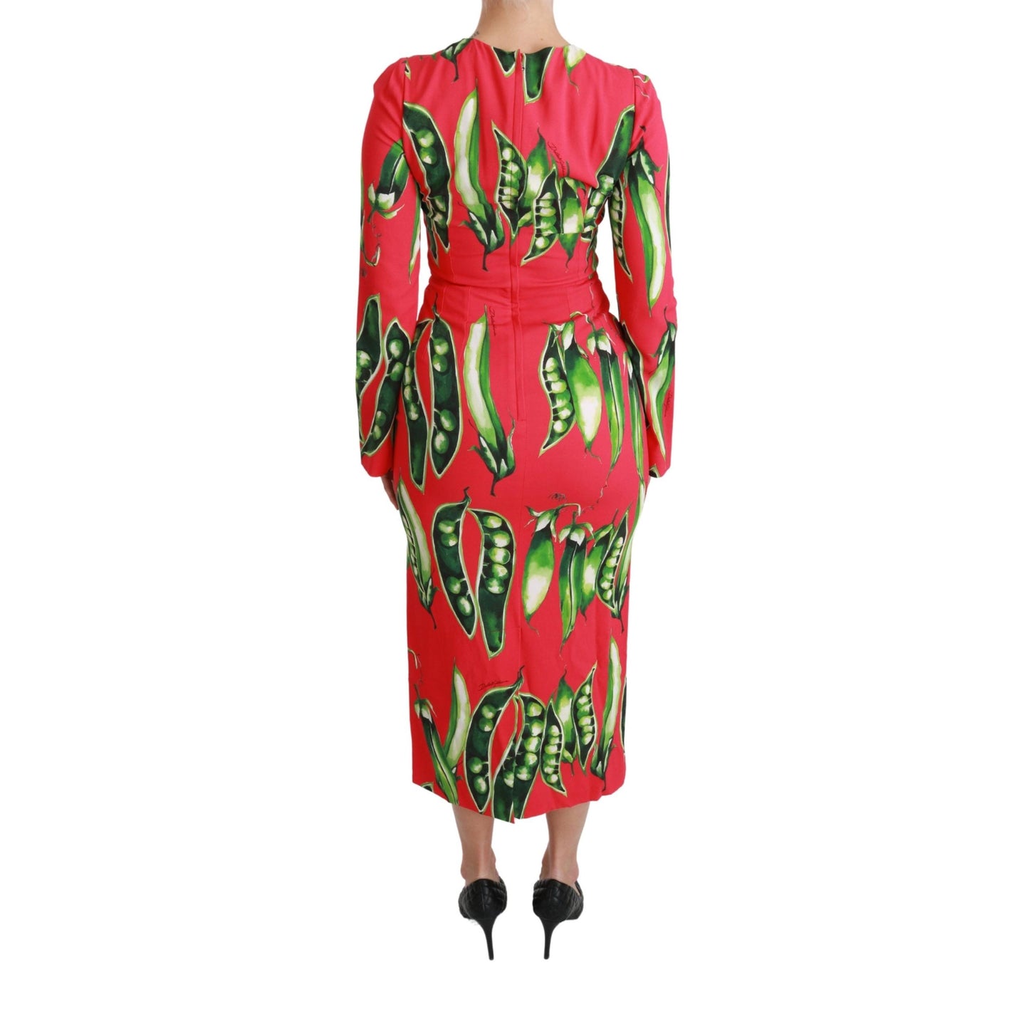 Red Snap Pea Print Longsleeve Midi Dress