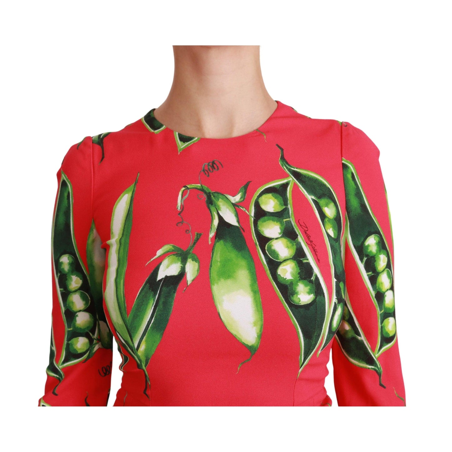 Red Snap Pea Print Longsleeve Midi Dress
