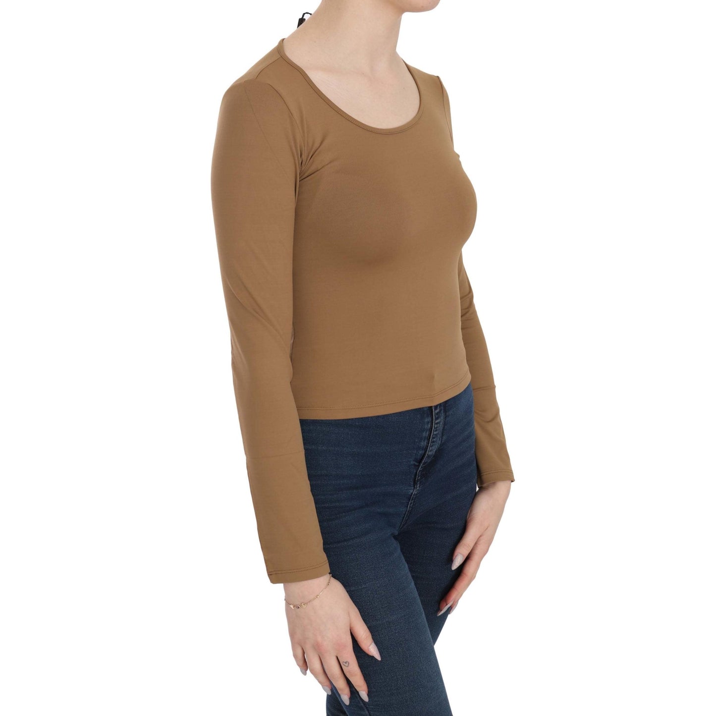 Brown Long Round Neck Sleeve Fitted Shirt Tops Blouse