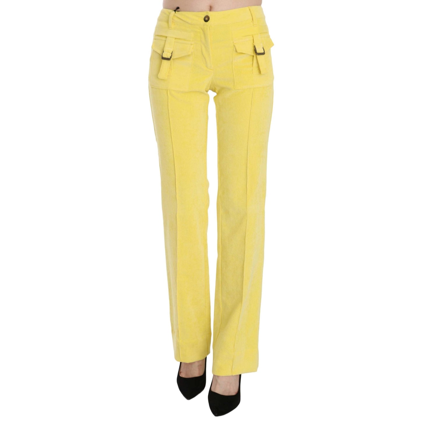 Yellow Corduroy Mid Waist Straight Trousers Pants
