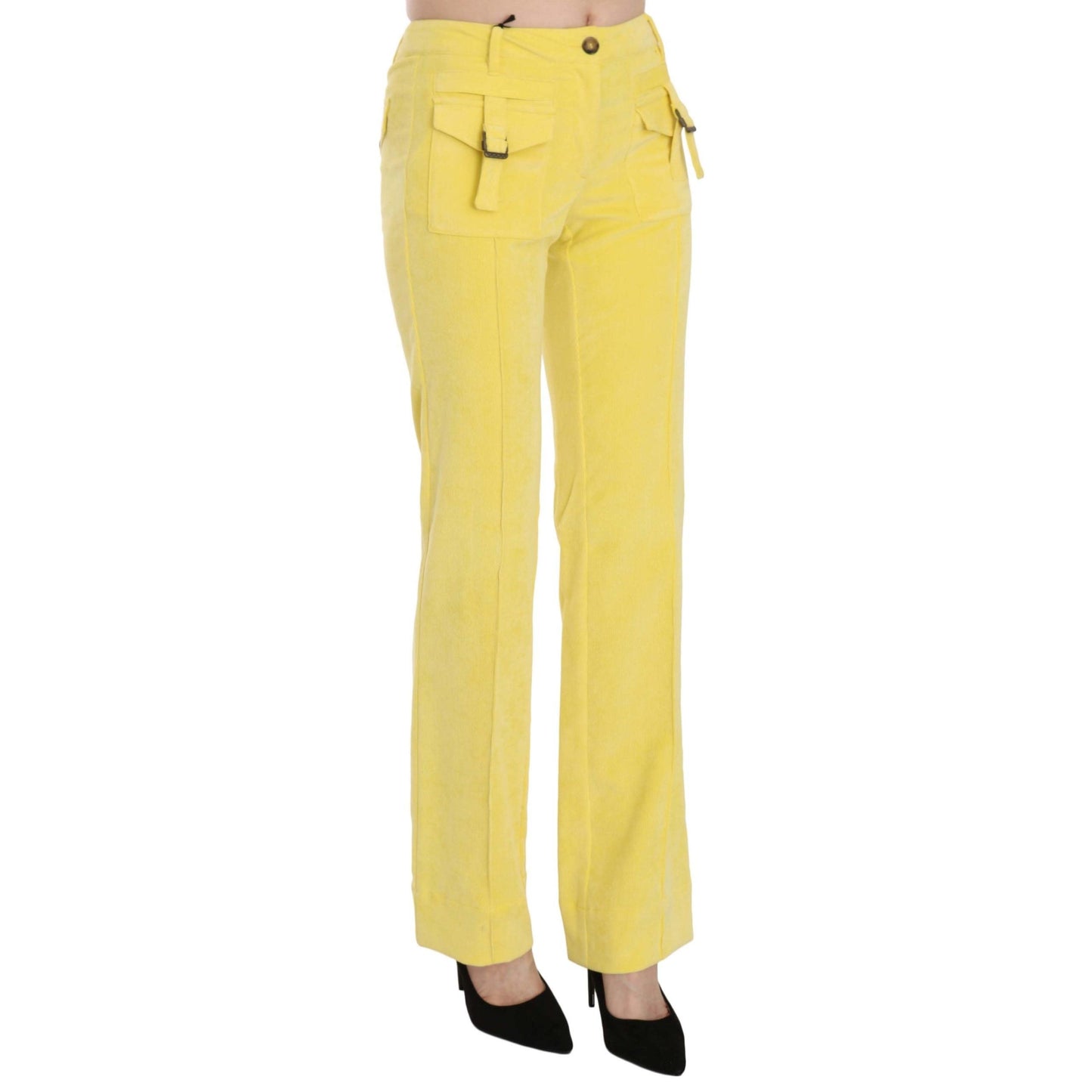 Yellow Corduroy Mid Waist Straight Trousers Pants