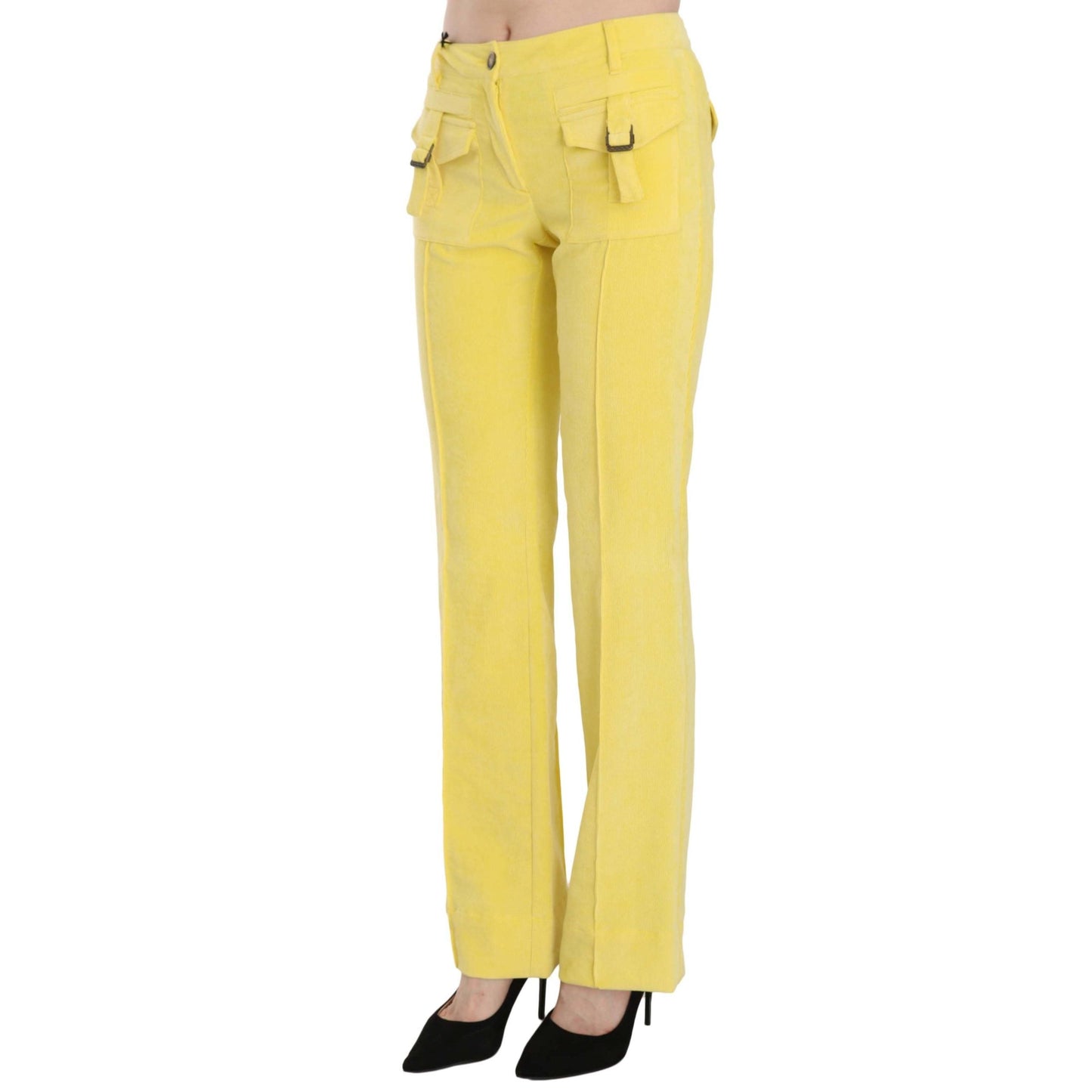 Yellow Corduroy Mid Waist Straight Trousers Pants