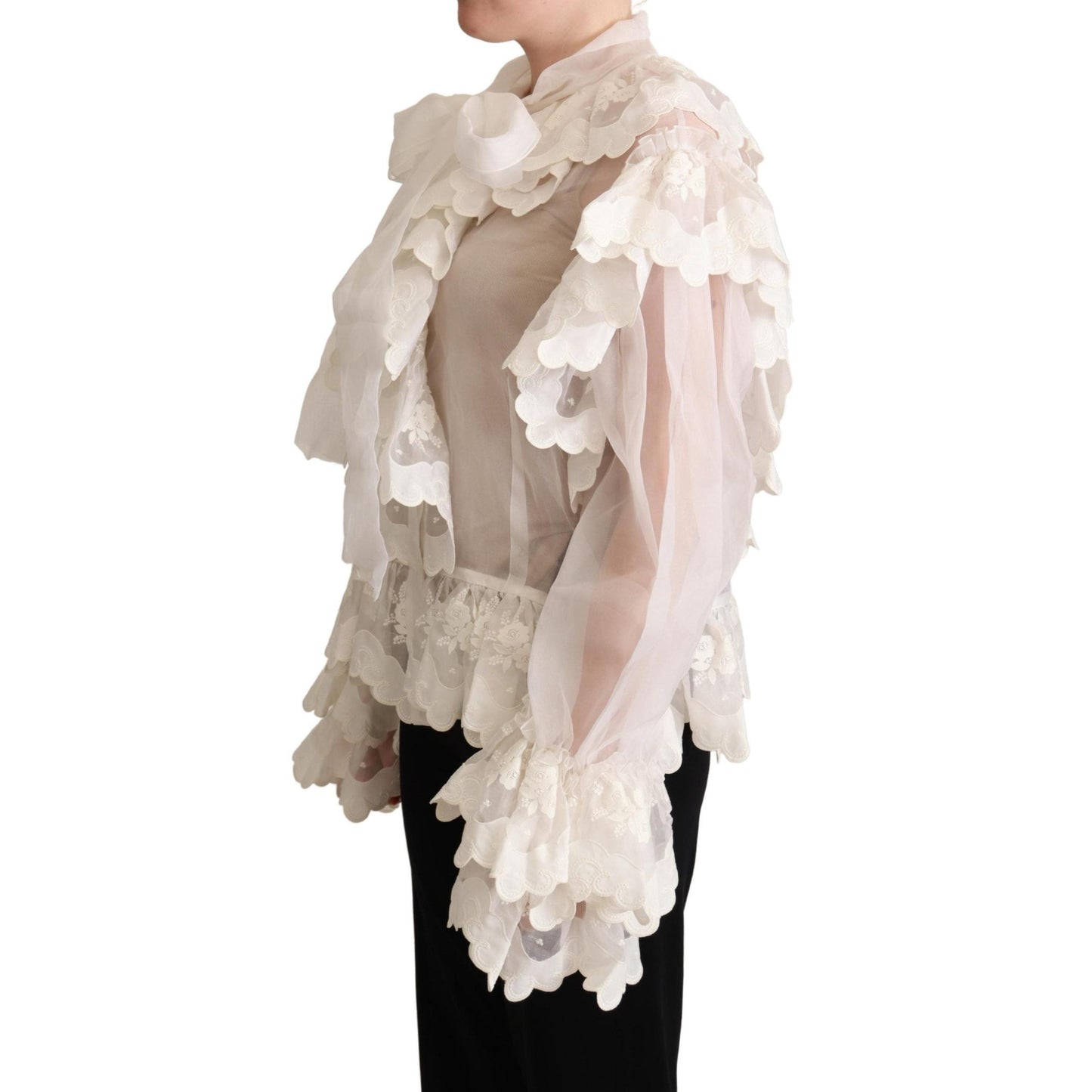 White Ascot Collar Silk Blouse Ruffled Top