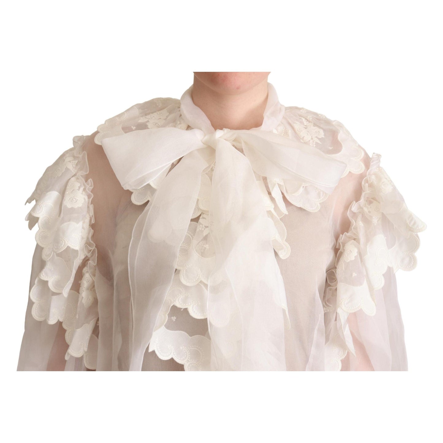 White Ascot Collar Silk Blouse Ruffled Top